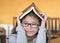 School student girl kid with eyeglasses having children book over her head