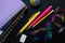 School supplies on blackboard background