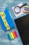 School supplies on a blue wooden background