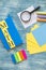 School supplies on a blue wooden background