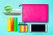 School supplies on a bright blue background, top view, concept of education, desktop, creative school desk