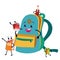 School supplies colorful poster, funny bag notebook eraser marker and pencil sharpener.