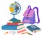 School supplies composition. Books, backpack, textbook, pencils, clips and globe. ..Back to school. Children\\\'s subjects fo