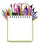 School supplies design background with empty space for text in a ring notebook. Education concept template.