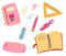 School supplies and items. Office supplies: notepad, book, pencil, case, pencil, paper, clips, ruler, marker, chalk. Accessories
