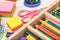 School supplies - pencils case on wooden background