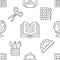 School supplies seamless pattern with line icons. Study tools background - globe, calculator, book, pencil, scissors