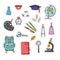 School supplies. Set of cartoon stickers. Vector hand colored drawing.