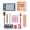 School supplies set vector illustration. Composition consists of paints tassels colour pencils sharpener and other equipment and