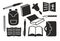 School supplies silhouette black and white for plotter cutting svg. Book textbook satchel pens pencils bell bell.