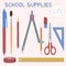 School supplies vector set. Scissors, brush, compasses, pencil, eraser, pencil sharpener, ruler, pen.