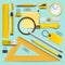 School supplies, yellow stationery accessories on mint background, top view, vector illustration