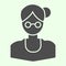 School teacher solid icon. Female businesswoman or training tutor in round glasses glyph style pictogram on white