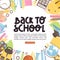 School time or back to school banner illustration. Creative lettering with books, backpack, stationery, globe, alarm clock etc.