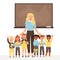 School time or back to school illustration. Woman teacher and group of kids stand at blackboard.