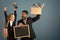 School time. Kid and dad hold microscope, blackboard, book and stationery