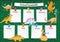 School Timetable on blackboard for any planning. Weekly lesson schedule on schoolkid notebook paper sheets on green chalkboard