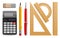 School tools for learning, pencil, pen, calculator, rulers and rubber