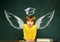 School wings and dream. Elementary school. Back to school and happy time. Blackboard background. Learning at home. Back