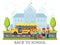 School yellow bus for children, back to school concept. Children or students with backpack near road