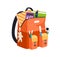 Schoolbag packed with stationery. Open school bag with books, copybooks and pens in pockets. Kids backpack with
