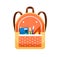 Schoolbag with school stationery. Bag with front pocket packed with pens, pencils and rulers. Girls backpack. Closed