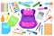 Schoolbag supplies. Innovative school stationery kids learning, itemized object tiny accessories cartoon satchel paint