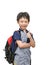 Schoolboy with backpack smiles and show thumb up