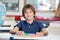 Schoolboy With Books And Globe At Desk