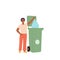 Schoolboy child cartoon character throwing organic waste into trash can taking care of environment