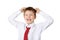 Schoolboy holding his head, isolated in white background. Stress