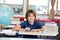 Schoolboy Looking Away With Globe And Books At