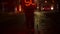 A schoolboy with a luminous backpack stands at the crosswalk at school at night.