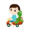 A schoolboy or preschooler boy drives a toy car and carries a dinosaur toy from behind.