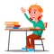 Schoolboy Pulls His Hand To Answer A Lesson Vector. School. Isolated Illustration