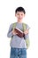 Schoolboy reading book over white background