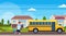 Schoolboy running to chase yellow school bus pupils transport concept residential suburban street landscape background