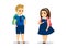 Schoolboy and schoolgirl stand in blue uniform. Cute cartoon smiling male and female schoolchild with schoolbag