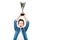 schoolboy screaming and holding winner cup above head