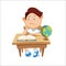 Schoolboy sits at a table, reading a book, vector illustration.