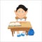 Schoolboy sits at a table, vector illustration.