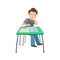 Schoolboy Sitting Behind The Desk In School Class Drawing In Geographic Map Illustration, Part Of Scholars Studying