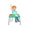 Schoolboy Sitting Behind The Desk In School Class Raising Hand To Answer Illustration, Part Of Scholars Studying Vector