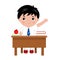 Schoolboy sitting behind the desk in school class, raising hand to answer. Vector.