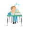 Schoolboy Sitting Behind The Desk In School Class Sleeping On Notebooks Illustration, Part Of Scholars Studying Vector