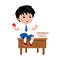 Schoolboy sitting on the the desk in school class, speaking and eating apple. Vector.