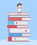 Schoolboy sitting on stack of books. Vector flat illustration. Education concept