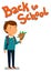 Schoolboy vector. Happy schoolboy with backpack holding bouquet of flowers for his teacher. Flat cartoon illustration