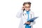 schoolchild in costume of doctor holding clipboard and touching glasses