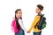 Schoolchildren with backpacks holding hands and looking back isolated on white.